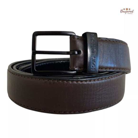 Authentic Louis Vuitton Black/Brown Leather Black Metal Square Buckle Belt 90/36